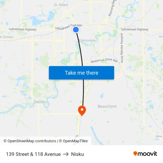 139 Street & 118 Avenue to Nisku map