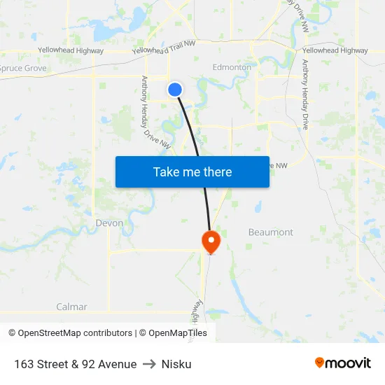 163 Street & 92 Avenue to Nisku map