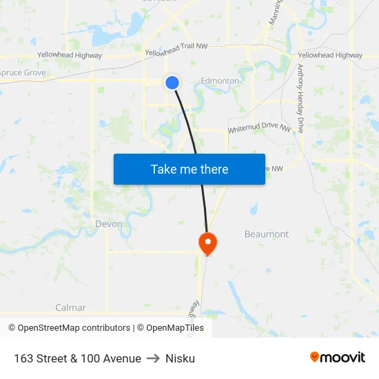163 Street & 100 Avenue to Nisku map