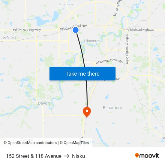 152 Street & 118 Avenue to Nisku map
