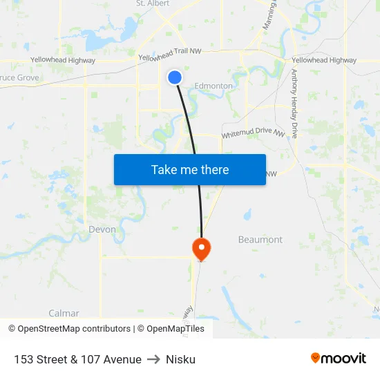 153 Street & 107 Avenue to Nisku map
