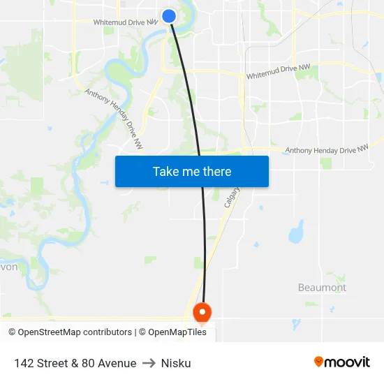 142 Street & 80 Avenue to Nisku map