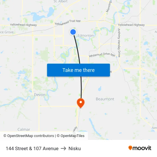 144 Street & 107 Avenue to Nisku map