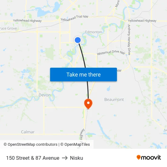 150 Street & 87 Avenue to Nisku map