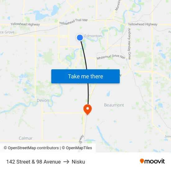 142 Street & 98 Avenue to Nisku map