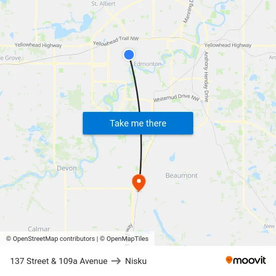 137 Street & 109a Avenue to Nisku map
