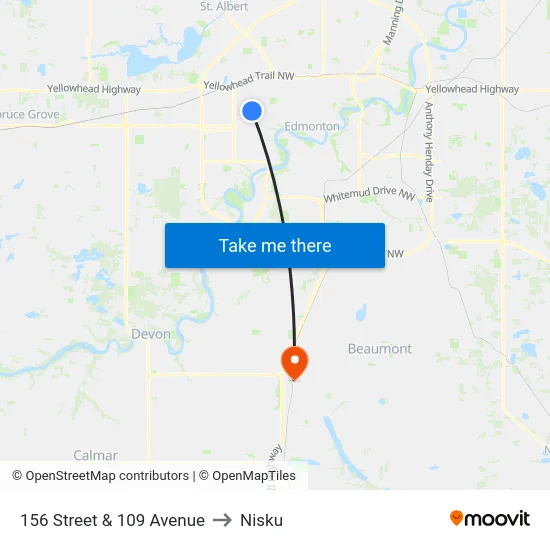 156 Street & 109 Avenue to Nisku map