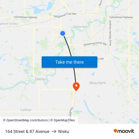164 Street & 87 Avenue to Nisku map