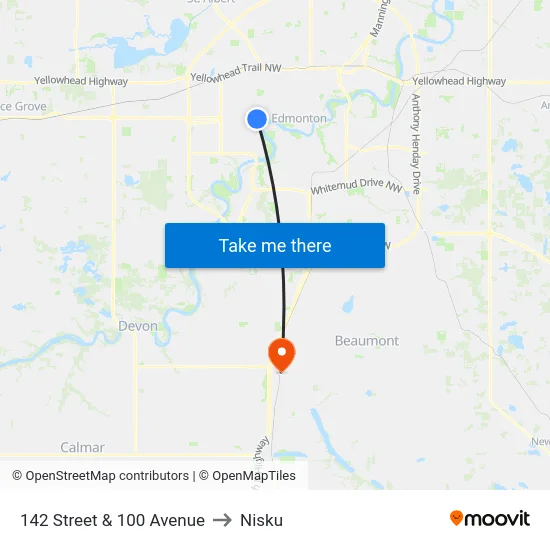 142 Street & 100 Avenue to Nisku map