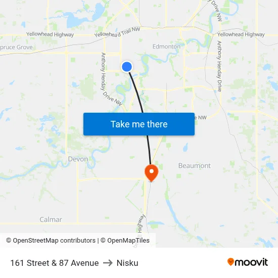 161 Street & 87 Avenue to Nisku map