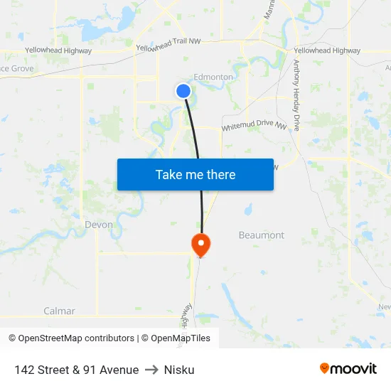 142 Street & 91 Avenue to Nisku map