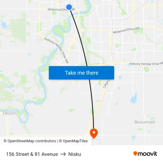 156 Street & 81 Avenue to Nisku map