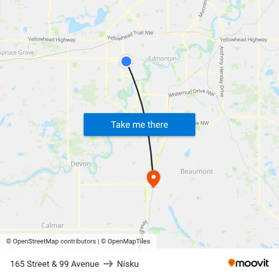 165 Street & 99 Avenue to Nisku map