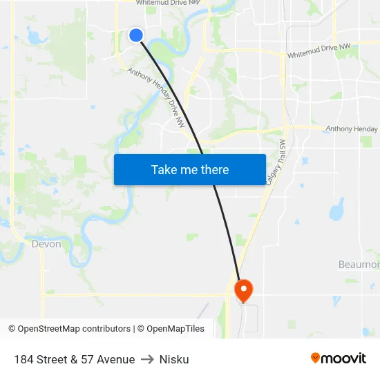 184 Street & 57 Avenue to Nisku map