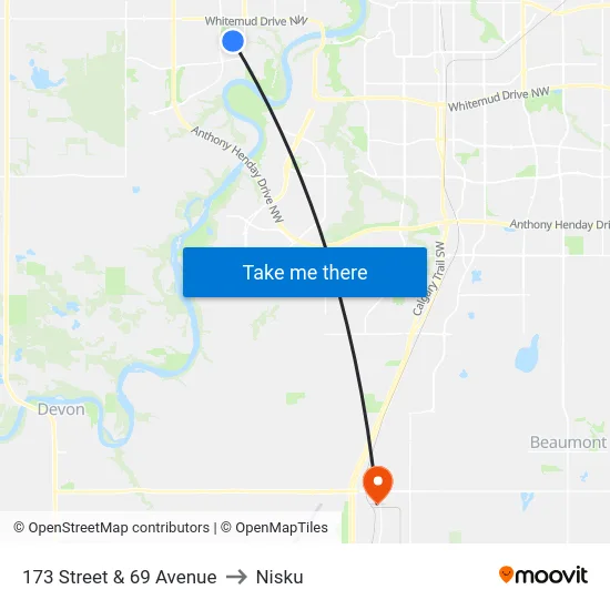 173 Street & 69 Avenue to Nisku map