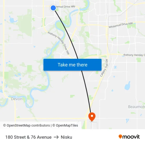 180 Street & 76 Avenue to Nisku map
