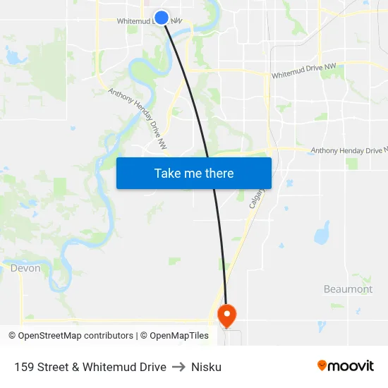 159 Street & Whitemud Drive to Nisku map
