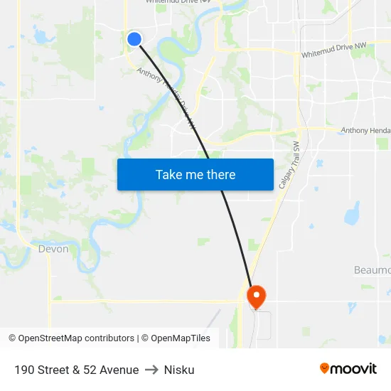 190 Street & 52 Avenue to Nisku map