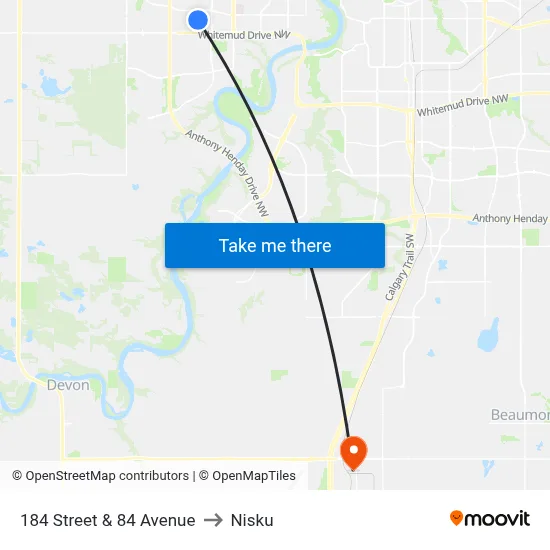 184 Street & 84 Avenue to Nisku map