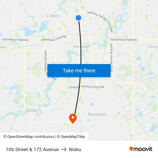 106 Street & 172 Avenue to Nisku map