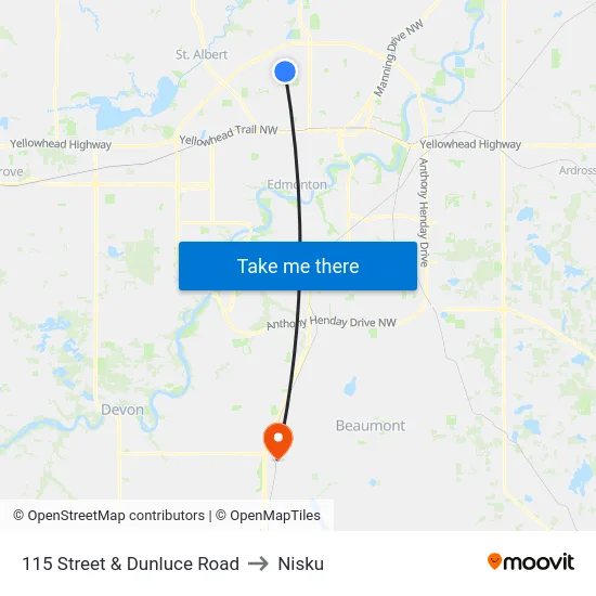 115 Street & Dunluce Road to Nisku map
