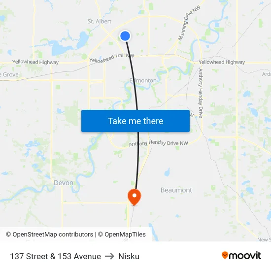 137 Street & 153 Avenue to Nisku map