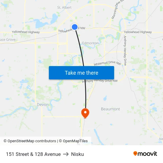 151 Street & 128 Avenue to Nisku map