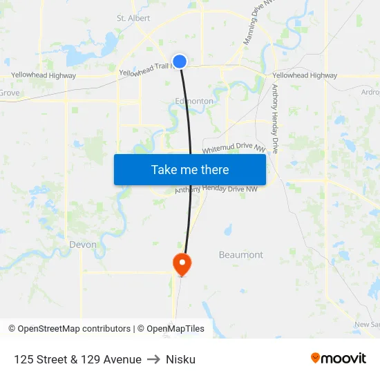 125 Street & 129 Avenue to Nisku map
