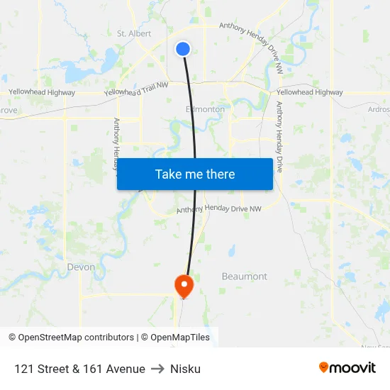 121 Street & 161 Avenue to Nisku map