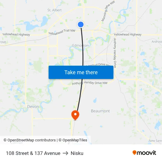 108 Street & 137 Avenue to Nisku map