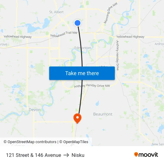 121 Street & 146 Avenue to Nisku map