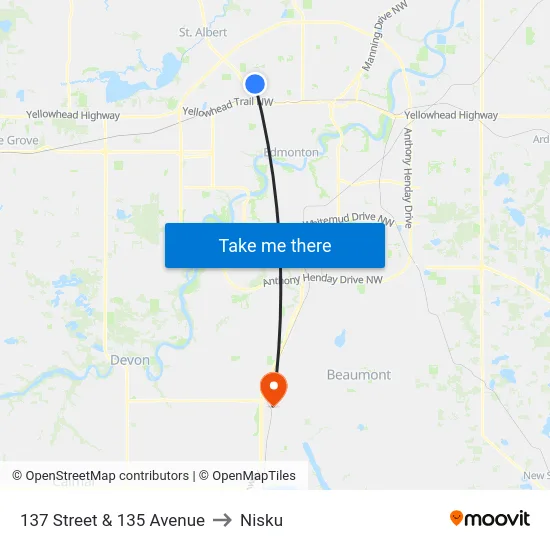 137 Street & 135 Avenue to Nisku map