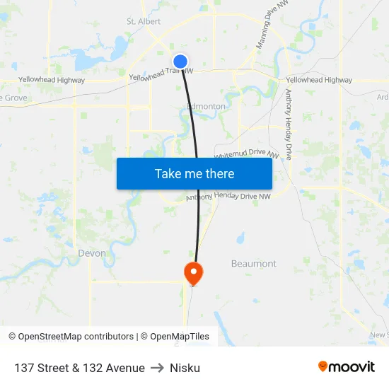 137 Street & 132 Avenue to Nisku map