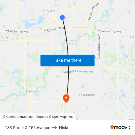133 Street & 155 Avenue to Nisku map