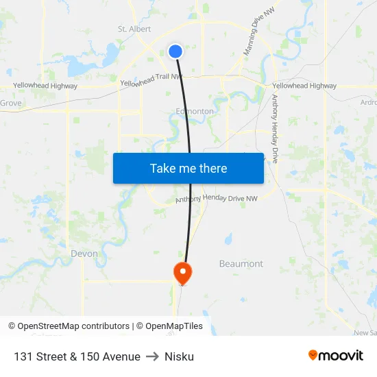 131 Street & 150 Avenue to Nisku map