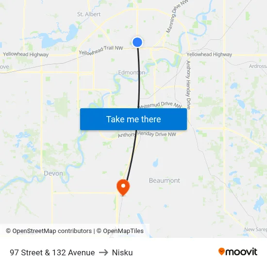 97 Street & 132 Avenue to Nisku map