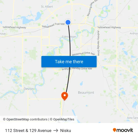 112 Street & 129 Avenue to Nisku map