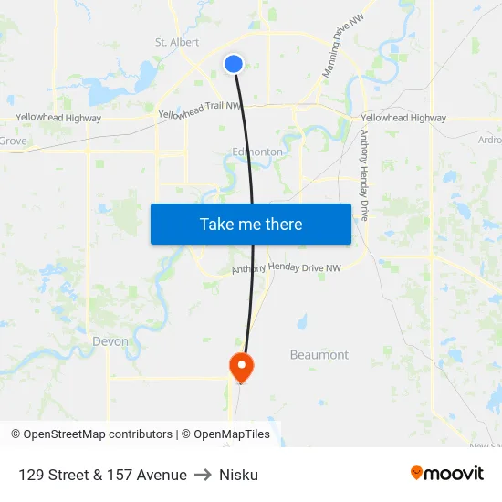 129 Street & 157 Avenue to Nisku map