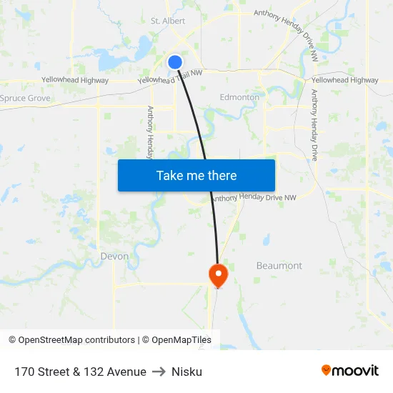 170 Street & 132 Avenue to Nisku map