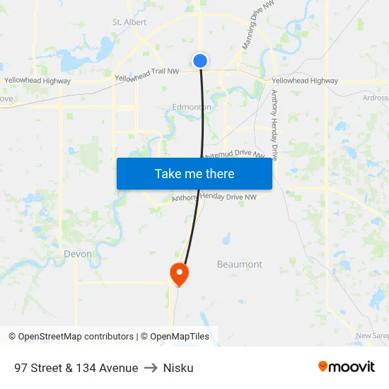 97 Street & 134 Avenue to Nisku map