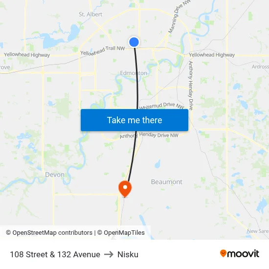108 Street & 132 Avenue to Nisku map