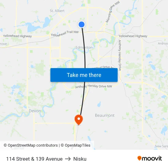 114 Street & 139 Avenue to Nisku map