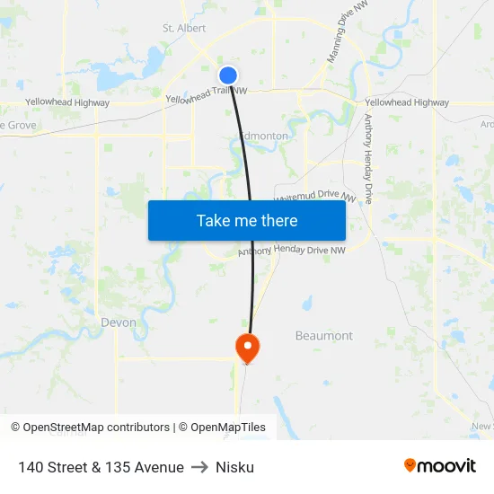 140 Street & 135 Avenue to Nisku map