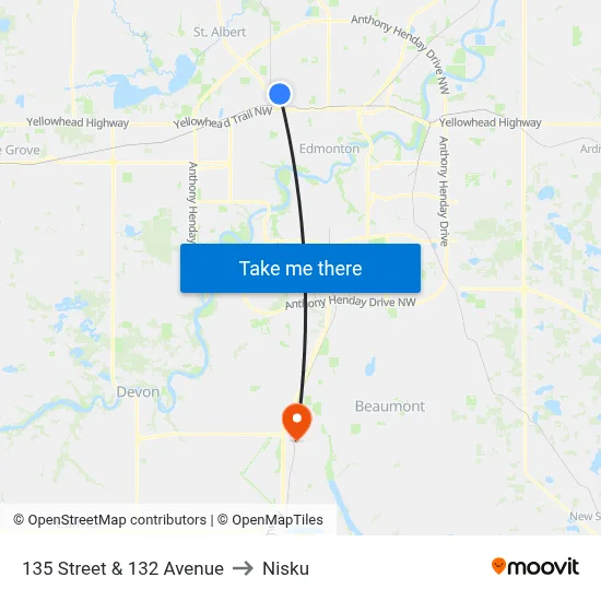 135 Street & 132 Avenue to Nisku map