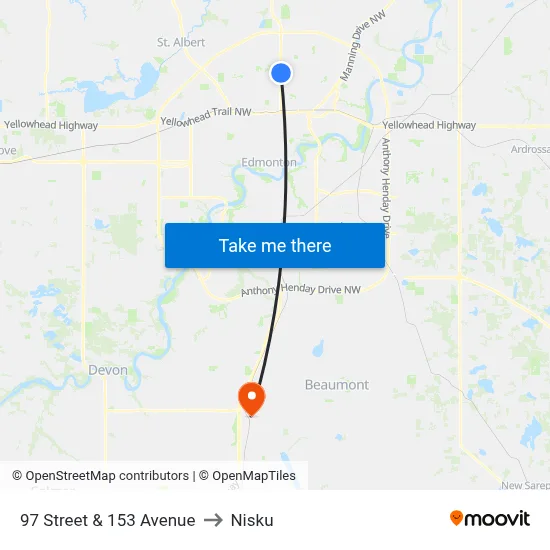 97 Street & 153 Avenue to Nisku map