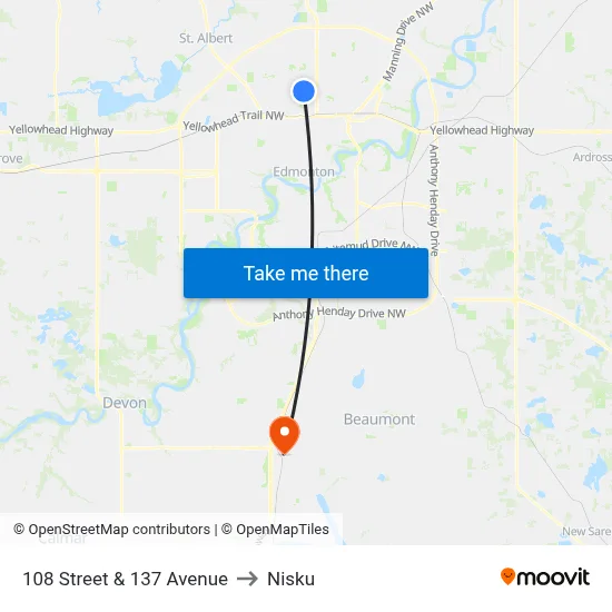 108 Street & 137 Avenue to Nisku map