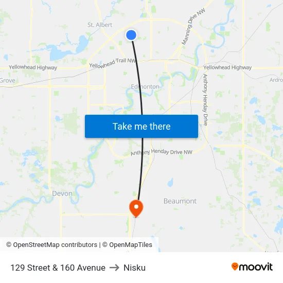 129 Street & 160 Avenue to Nisku map