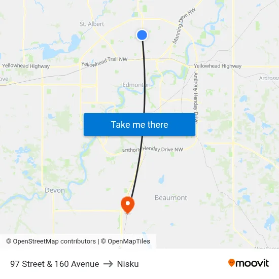 97 Street & 160 Avenue to Nisku map