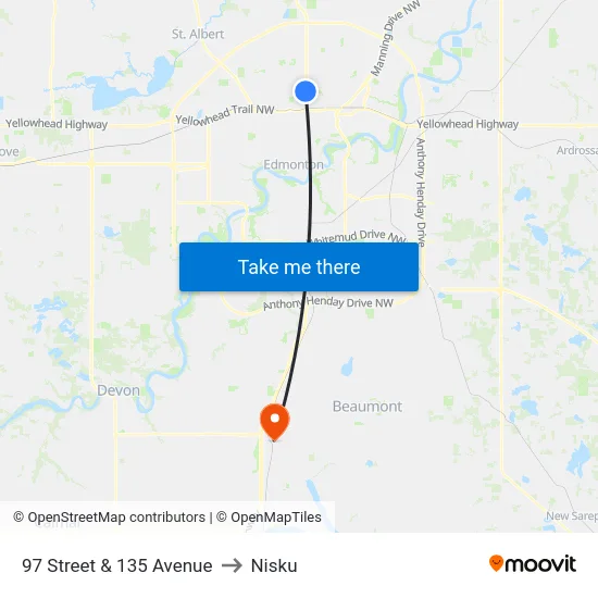 97 Street & 135 Avenue to Nisku map