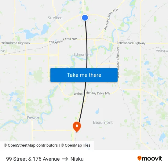 99 Street & 176 Avenue to Nisku map